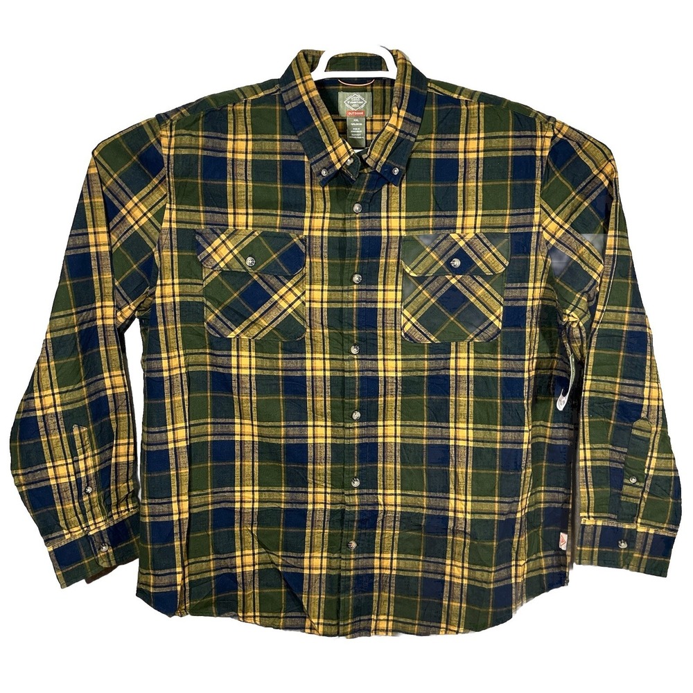 St Johns Bay Outdoor Shirt Mens 2XL Flannel Green Yellow Blue Plaid Button Down